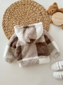 SHEIN Newborn Baby Girls Cute Plush Hooded Jacket, Checkered Pattern, Versatile For Autumn/Winter Fall Neutral - Multicolor - View 2