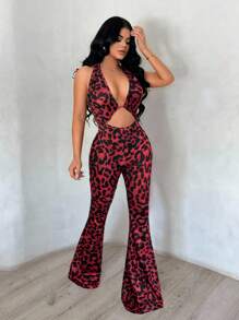 SHEIN SXY Women's Leopard Print Backless Deep V-Neck Jumpsuit - Red - View 4