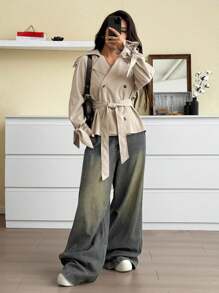 SHEIN EZwear Casual Versatile Fashion Waist Tie Long Sleeve Women Trench Coats,Fall Women Clothes