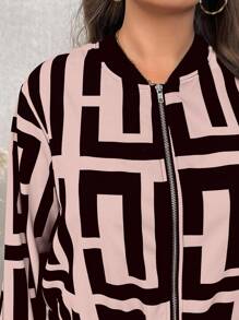 SHEIN LUNE Plus Size Women Geometric Pattern Baseball Jacket, Long Sleeve Fall Winter Cloth For Women Autumn - Pink - View 3