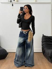 Coolane Women's Fall Y2K Minimalist Streetwear Casual Basic Daily Wear Rib Knit Comfortable Black V-Neck Long Sleeve Slim Fit Bottoming T-Shirt