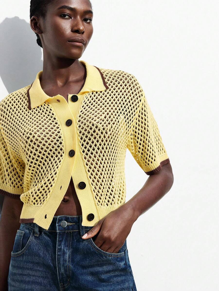 Maija Áo khoác cardigan len cổ tròn dáng rộng trễ vai mùa thu 2025, áo khoác ngoài công sở khoét lỗ phong cách du lịch cho nữ, đồ đi biển - Màu vàng - Xem 1