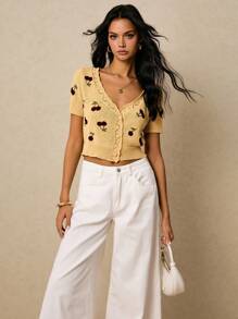 Poéselle 女式樱桃图案短袖单排扣休闲开衫 - 杏色 - 查看 3