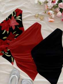 Soleia 3 件纯黑色、红色和花卉印花女式上衣，适合夏季 - 彩色 - 查看 8