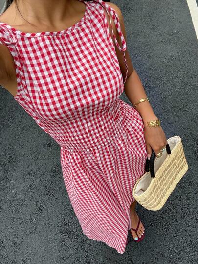 MainGRL Casual Red And White Gingham Sleeveless A-Line Midi Dress With Ruffle Hem Red Gingham Dress Picnic Outfit Women
