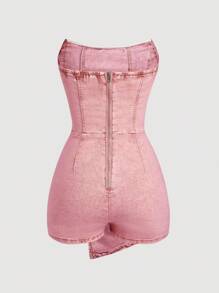 SHEIN MOD Bộ đồ liền thân denim ôm vừa vặn gợi cảm có thiết kế khóa kéo phía sau - Hồng - Xem 2