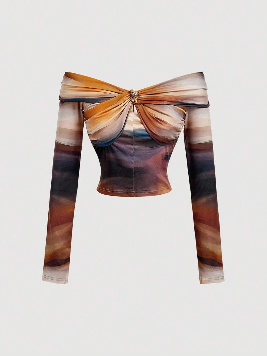 SHEIN MOD Vintage 70er Jahre Farbverlauf-Muster One-Shoulder geknotetes T-Shirt mit metallischen Akzenten - perfekt für den Boho-Stil, Western Wear, Heimkehr, Dates, Partys, Feiertage - Verschiedenfarbig - Übersicht 1