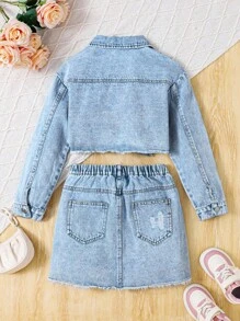 Mädchen Lässig Jeans Jacke mit Beschädigung und asymmetrischem TaillenDenim-Rock Set, weich Washed, geeignet für Alltag, Strand, Urlaub, Sommer - Mittele Waschung - Übersicht 2