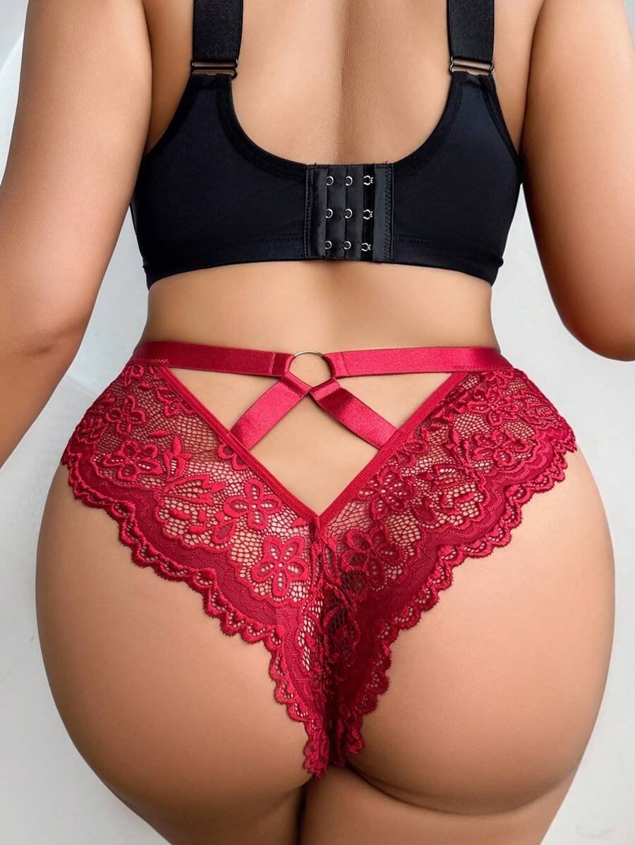 大码女式露背蕾丝性感丁字裤 - 酒紅色 - 查看 1