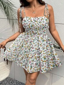 Flirla Plus Size Ditsy Floral Slip Dress With A-Line Hem, Romantic For Vacation - Apricot - View 5