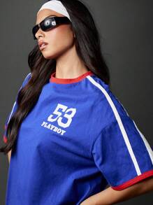 Missguided x Playboy Áo thun thể thao Varsity phong cách cổ điển in cờ Liên hiệp Vương quốc Anh Bộ sưu tập London Tay ngắn Unisex Thời trang dạo phố Thường ngày Thoải mái Áo thun mùa hè xuân - Màu xanh lam - Xem 4