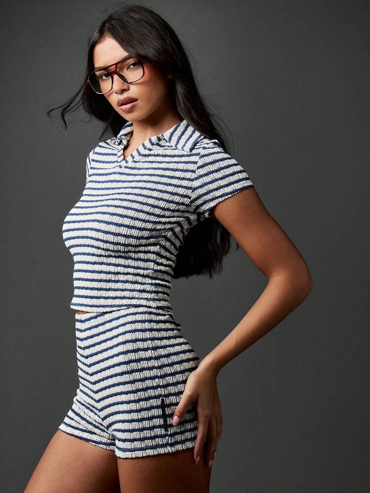 MISSGUIDED Ribbed Knit Polo Set Summer Festival Beach Loungewear Vacation Resort Co-Ord Mid Thigh Length Two Piece