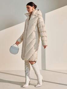CLARA VERO Women Solid Color Zipper And Pocket Detailed Hooded Winter Coats - Beige - View 4