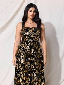 SHEIN MOD 大码复古黑色天鹅绒烫花长裙、派对礼服、闪亮面料、女士夏/秋装连衣裙、生日礼服、优雅派对礼服、女士生日礼服、派对、万圣节服装