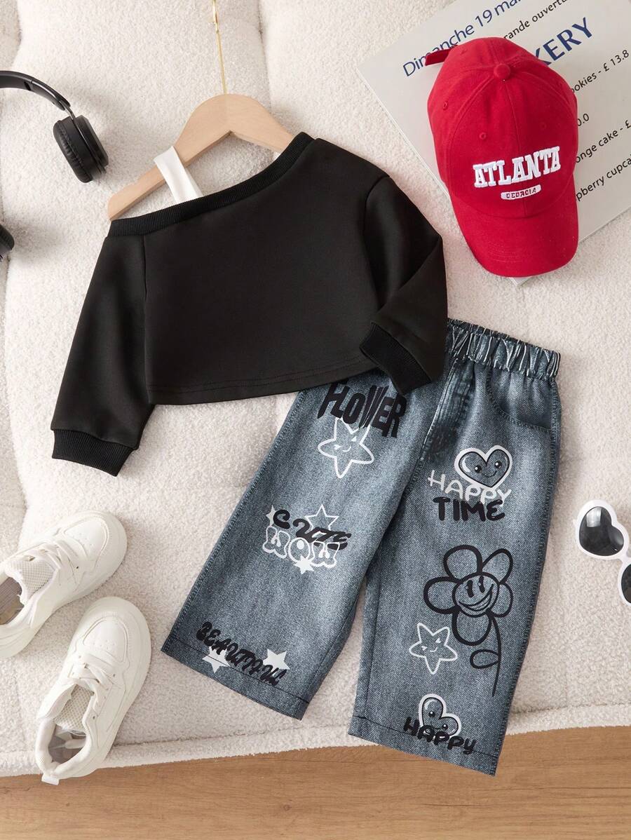 SHEIN 女宝宝秋冬新款时尚斜肩长袖卫衣和裤子两件套 - 黑色 - 查看 1