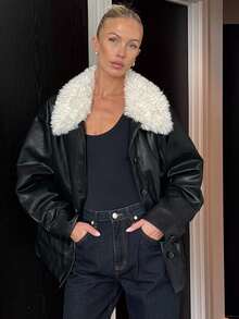 DAZY 女士秋冬仿羊羔绒领单排扣夹克，PU皮革工装绗缝外套，简约时尚 - 黑色 - 查看 10