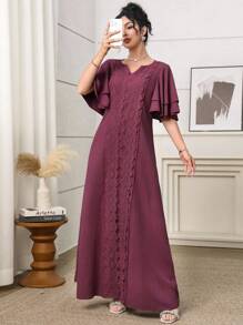Al Najma Women's Elegant Solid Color Lace Patchwork Arabic Style Dress - Purple - View 2