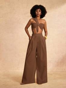 Zivah New Spring And Summer Casual And Elegant Vacation One-Shoulder Chest Knotted Strap Design Back Cropped Top + Wide-Leg Super Trousers White Woven Women's Two Pieces Set-A - Brown - View 6