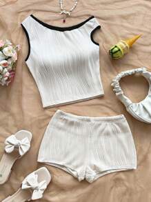 Soleia 女士度假春夏两件套服装：红白条纹针织短款上衣和超低腰紧身短裤，适合派对、圣诞节、情人节、约会、海滩、游轮、狂欢节、复活节 - 白色 - 查看 4