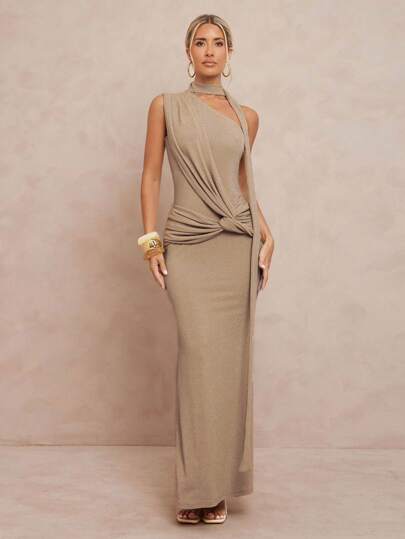 Lumalex 女式扭花领单肩鱼尾修身闪亮超长连衣裙