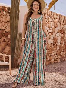 EMERY ROSE Plus Size Women Vacation Geometric Print Pocketed Wide Leg Jumpsuit,Fashionable For Summer,Vacation Outfits  For Women,Holiday Outfits Boho - Brown - View 5