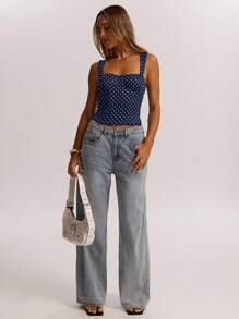 SHEIN BAE Women's Date Night Party Birthday Party Nightclub Holiday Party Elegant Black Polka Dot Print Tank Top, Girlfriends Party, Date, Daily Street Commuting Cute Corset Sexy Top,Halter Top