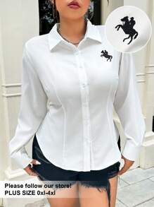 Solflare قميص أبيض مطرز بتصميم بسيط وأنيق للنساء ذوات الحجم الكبير، مناسب للخروج في فصل الصيف، بأكمام طويلة وأزرار أمامية، مناسب للارتداء اليومي، الخريف، الشتاء، العمل، المعلمات، الأعمال، المكتب، وللمرأة الكاجوال. قميص مهني مناسب للعودة إلى المدرسة - أبيض - مشاهدة 1