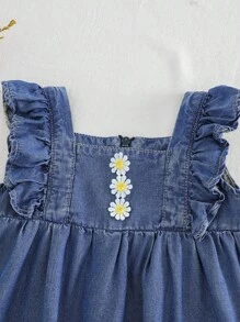 Cozy Pixies Baby Girl Strawberry Print Square Neck Ruffle Hem Sleeveless Waist Cinched Dress - Blue - View 4