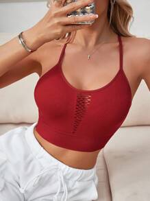 女士纯色休闲镂空吊带背心 - 酒紅色 - 查看 4