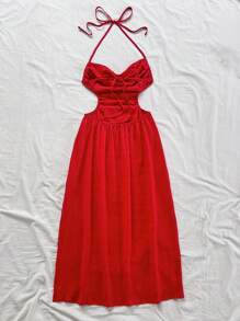 Soleia 女士红色露背挂脖系带高开衩连衣裙，适合度假、音乐节、波西米亚风、节日、下午茶 - 紅色 - 查看 2