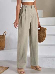 SHEIN Cottnline Women Front Two Sided Button Detailed Linen Pants - Apricot - View 3