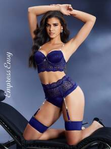 4pcs Contrast Lace Underwire Garter Lingerie Set With Leg Ring - Royal Blue - View 5