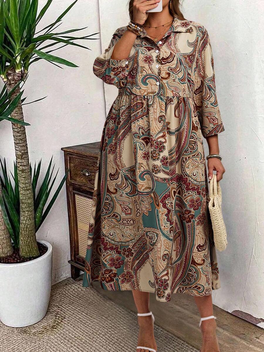 EMERY ROSE Plus Size Women Floral Print 3/4 Sleeve Buttoned Shirt Dress For Vacation