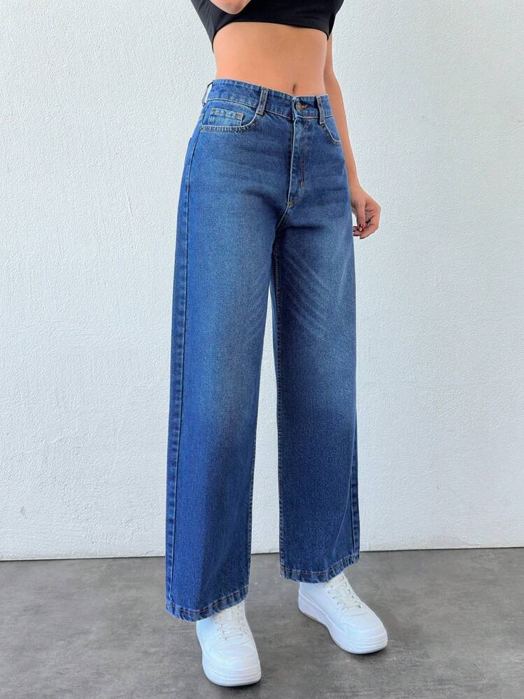 EURMUSE 100%Cotton Slant Pocket Straight Leg Jeans - Medium Wash - View 4