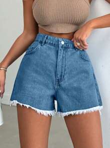 EURMUSE 100%纯棉女款浅蓝色石洗磨边牛仔短裤