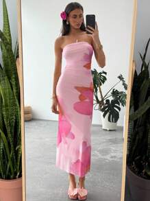 Aloruh 女士花卉印花百褶修身连衣裙，适合度假穿着 - 彩色 - 查看 2