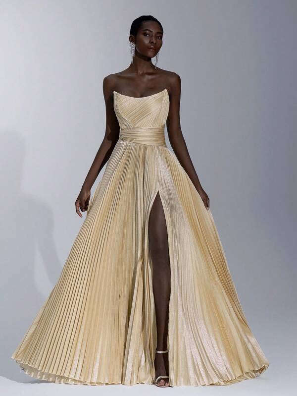 Elitara Abito da sera elegante color champagne con pieghe in chiffon glitterato, vita asimmetrica a line, maxi, spacco alto, fiocco regolabile al collo, adatto per appuntamenti, vacanze, feste, matrimoni, lauree, balli, occasioni formali