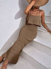 EURMUSE 女式纯色镂空荷叶边下摆修身吊带连衣裙 - 摩卡棕 - 查看 7