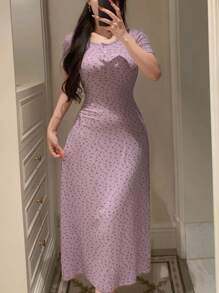 DAZY 女士长款碎花束腰针织睡袍 - 淡紫色 - 查看 3