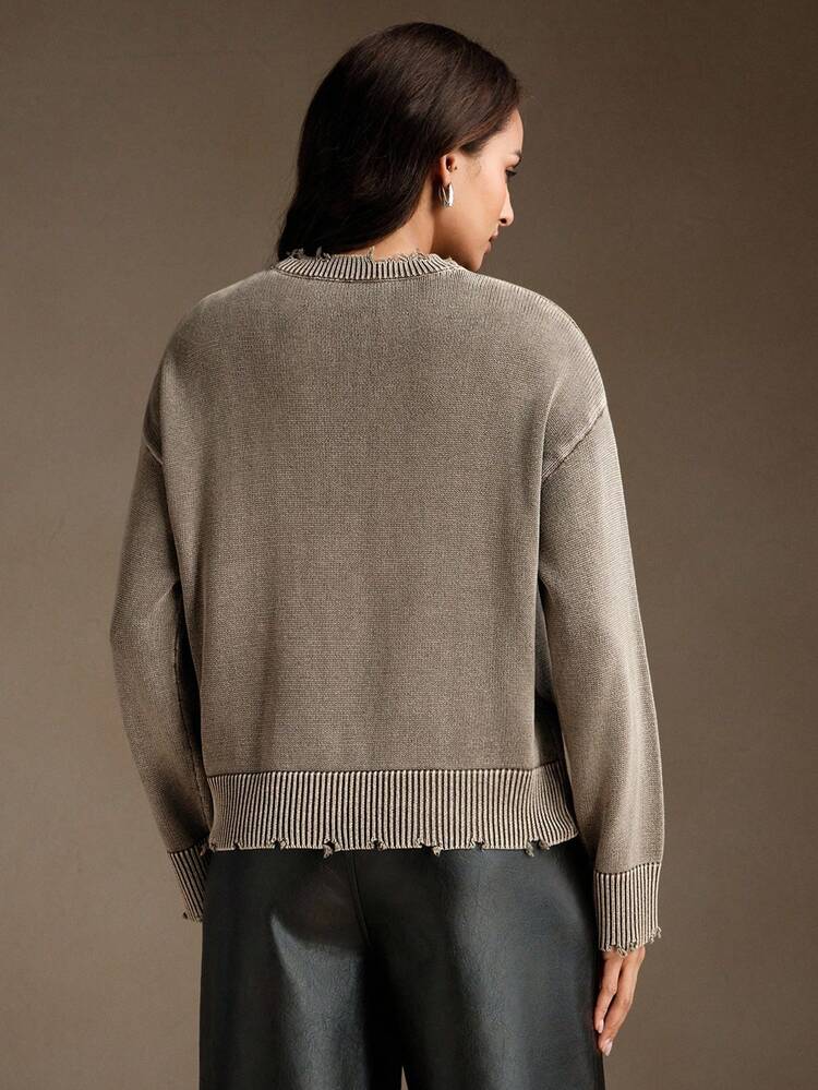 Casual Chic Versatile Distressed Wash Pullover Sweater For Women, Suitable For Fall, Autumn, Winter, Elegant, Casual