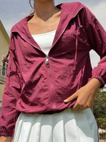 Jouncy Women Casual Simple Solid Color Zip Up Hooded Long Sleeve Jacket