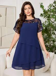 Ellevyn Váy voan xếp nếp nhiều lớp, cổ và tay áo cỡ lớn, đính sequin, màu xanh đậm, váy cho mẹ cô dâu, mùa hè, thời trang cho mùa hè - Màu xanh hải quân - Xem 8