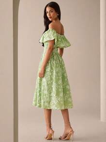 Lilora 女士优雅露肩花卉印花中长休闲连衣裙，通勤和日常穿着都市风格优雅浪漫 V 领连衣裙都市休闲，浪漫优雅，外出 - 酪梨綠 - 查看 2