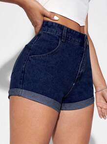 SHEIN EZwear 女士休闲高腰口袋卷边百搭牛仔短裤 - 深色水洗藍 - 查看 3