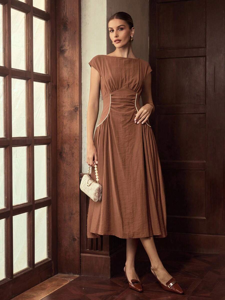 ZEYLAH 女士休闲优雅简约褶饰腰部连衣裙 - 咖啡棕 - 查看 1