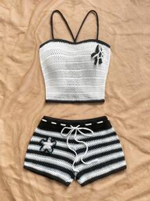 Soleia 2pcs Set Young Women' Vacation Colorblock Edging 3D Floral Print Crop Tank Top & Shorts Suit Off The Shoulder Christmas Tops For School Back To School Outfits Women Back To School Women's Fall Clothes Goth Women Clothing Club Outfits Women Sexy Halloween Costumes Club Dress Going Out Outfits Concert Outfits Country Concert Outfit - Multicolor - View 3