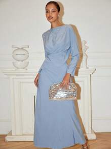 Chiquease 2 件女士休闲优雅简约仿珍珠装饰衬衫和裙子 2 件套，适合秋季 - 藍色 - 查看 2