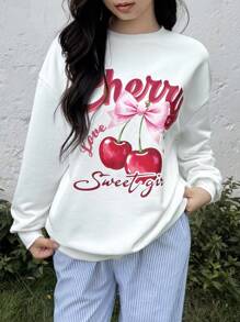 SHEIN Áo nỉ cổ tròn tay dài họa tiết quả anh đào đơn giản thoải mái, dáng rộng, giản dị cho bé gái tuổi teen - trắng - Xem 4