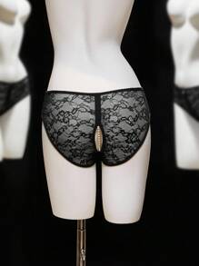 SHEIN 女士性感蕾丝开裆内裤，外出穿着 - 黑色 - 查看 6