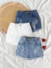 SHEIN Vintaside Kids 3 Pairs Of Girls Washed Multi-Color Ripped Skinny Denim Shorts, Casual Everyday Wear, Simple & Fashion Design, School, Campus, College - Multicolor - View 9